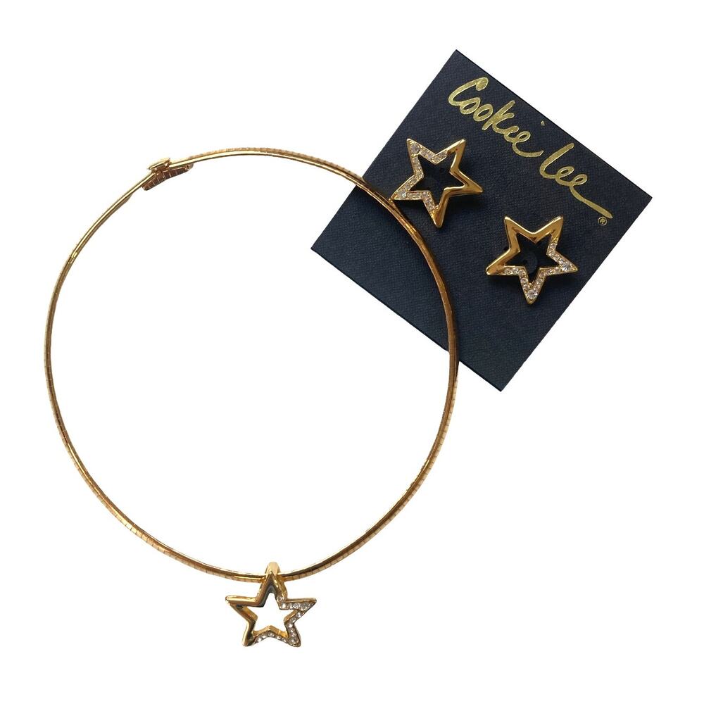 Vintage 90's Y2K Cookie Lee Gold Star Pavé-Set Crystals Pendant Choker Earrings